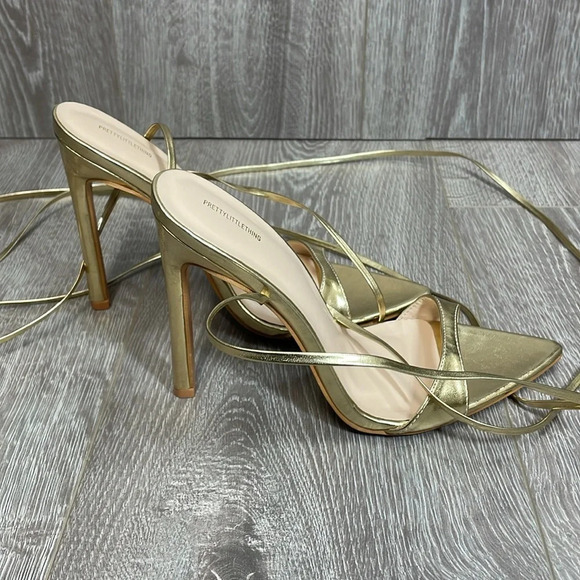 NWOT PrettyLittleThing Gold Point Toe Lace Up High Heeled Sandals US 7 (UK 4) - Picture 6 of 13